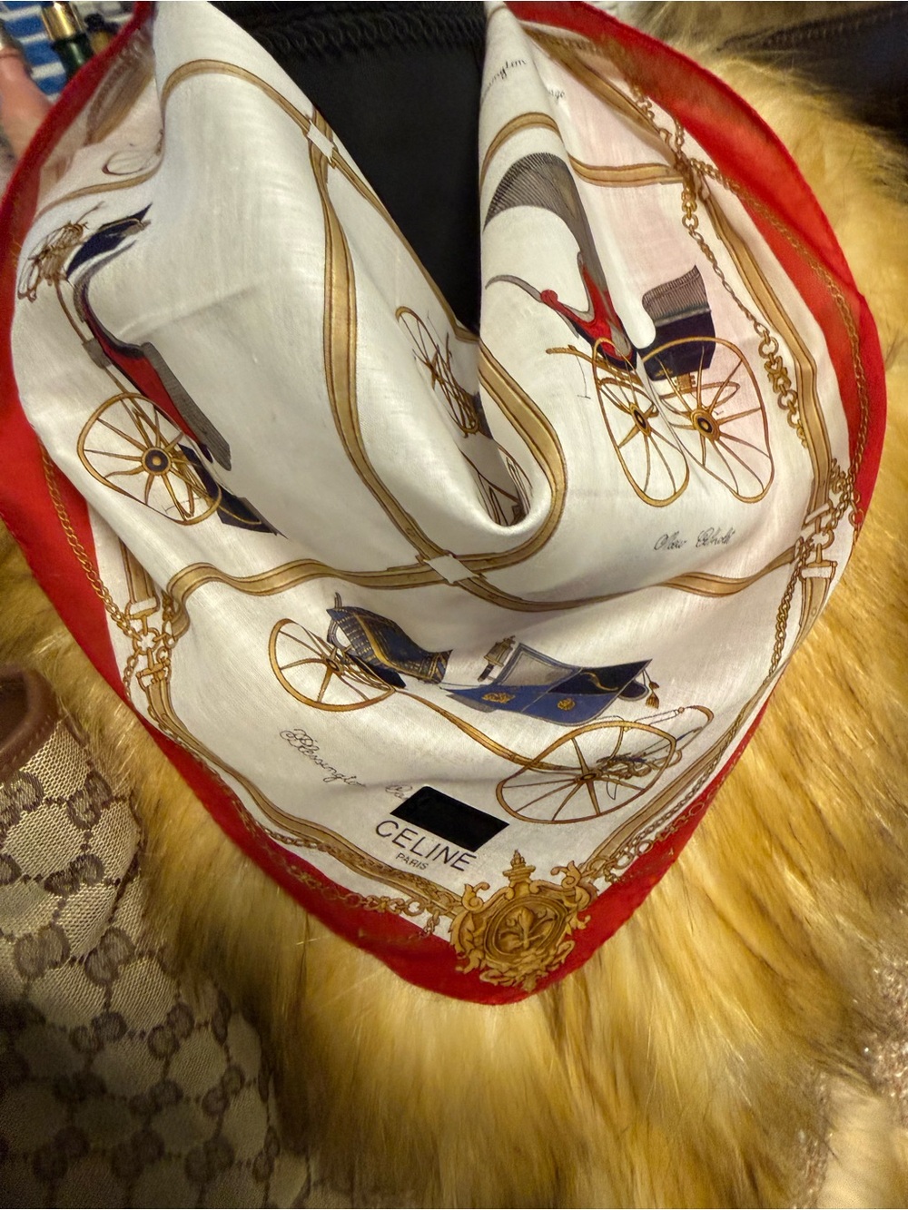 Celine Paris Carriage Authentic Print Scarf – 100% Cotton – Red Border
